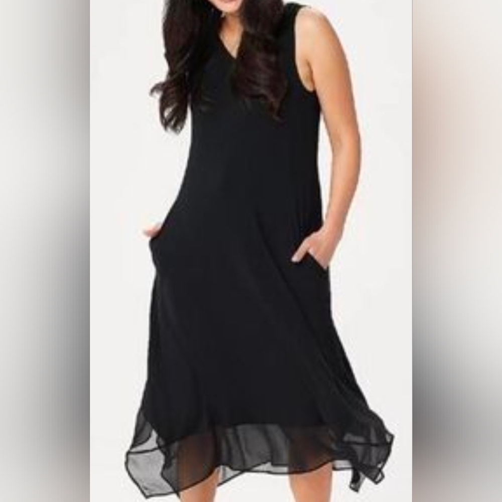 LOGO by Lori Goldstein Black Knit Sleeveless Dress with Chiffon Hem Sz Small